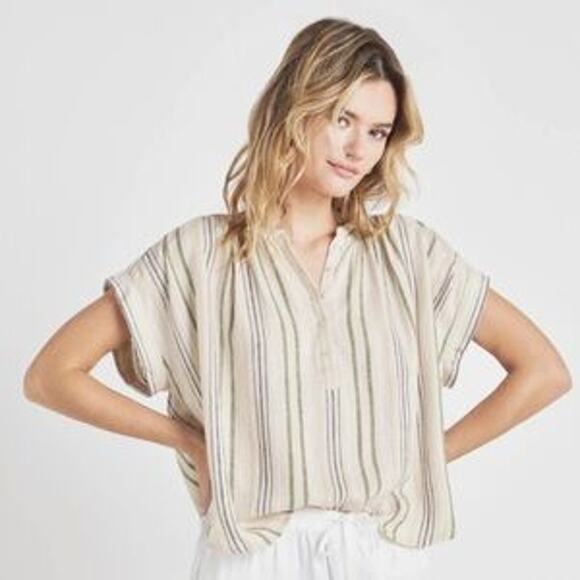 Splendid Short Sleeve Linen Blend Striped Basic Tee Shirt Top Blouse Tan XS - Picture 1 of 7
